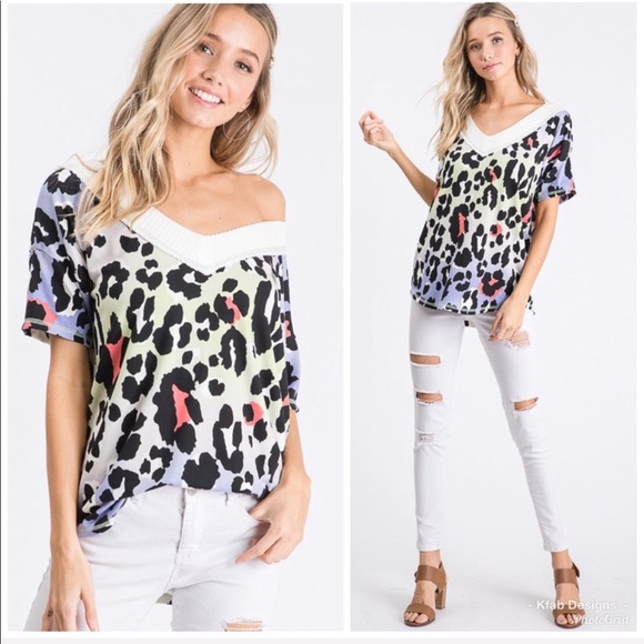 Tops - ❤️LAST 2! Animal Print Contrast Band V Neck Top!